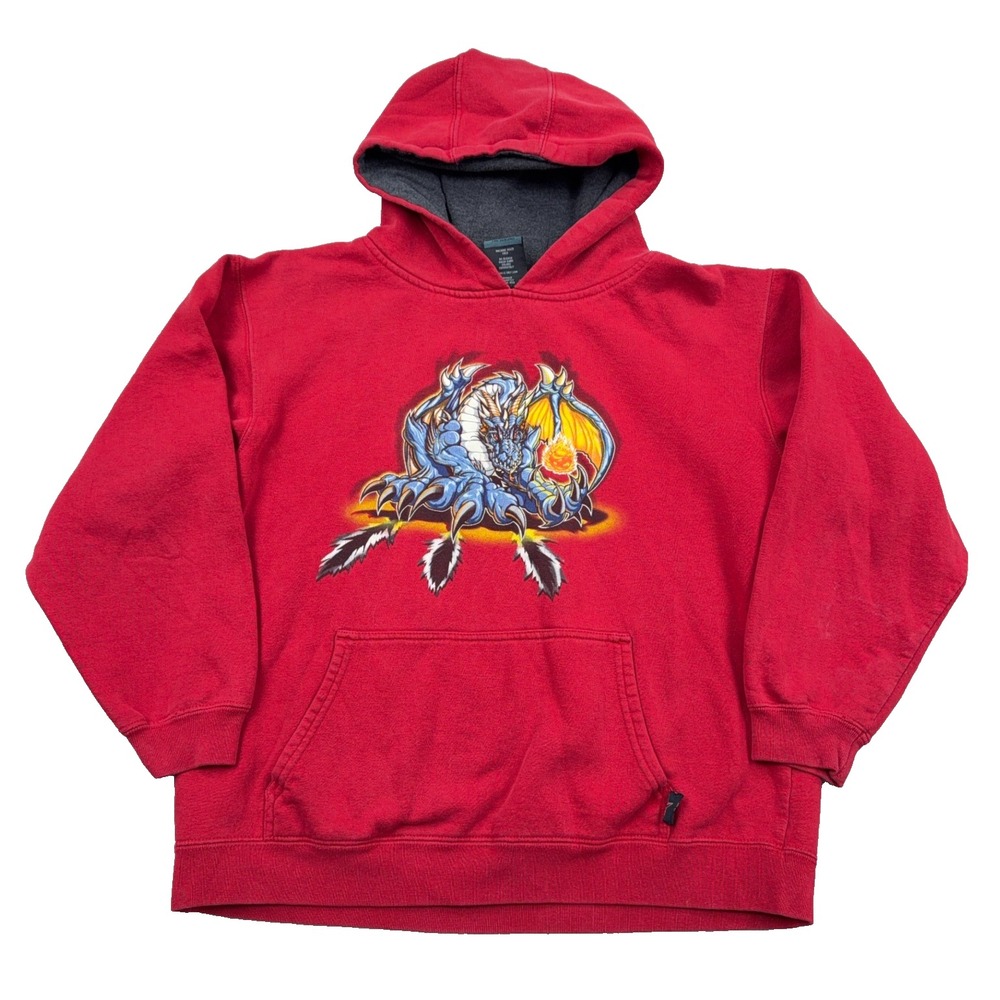 Vintage Y2K Top Heavy Hoodie Boys XL Red Sweatshirt Fire Dragon Skate Youth Kids